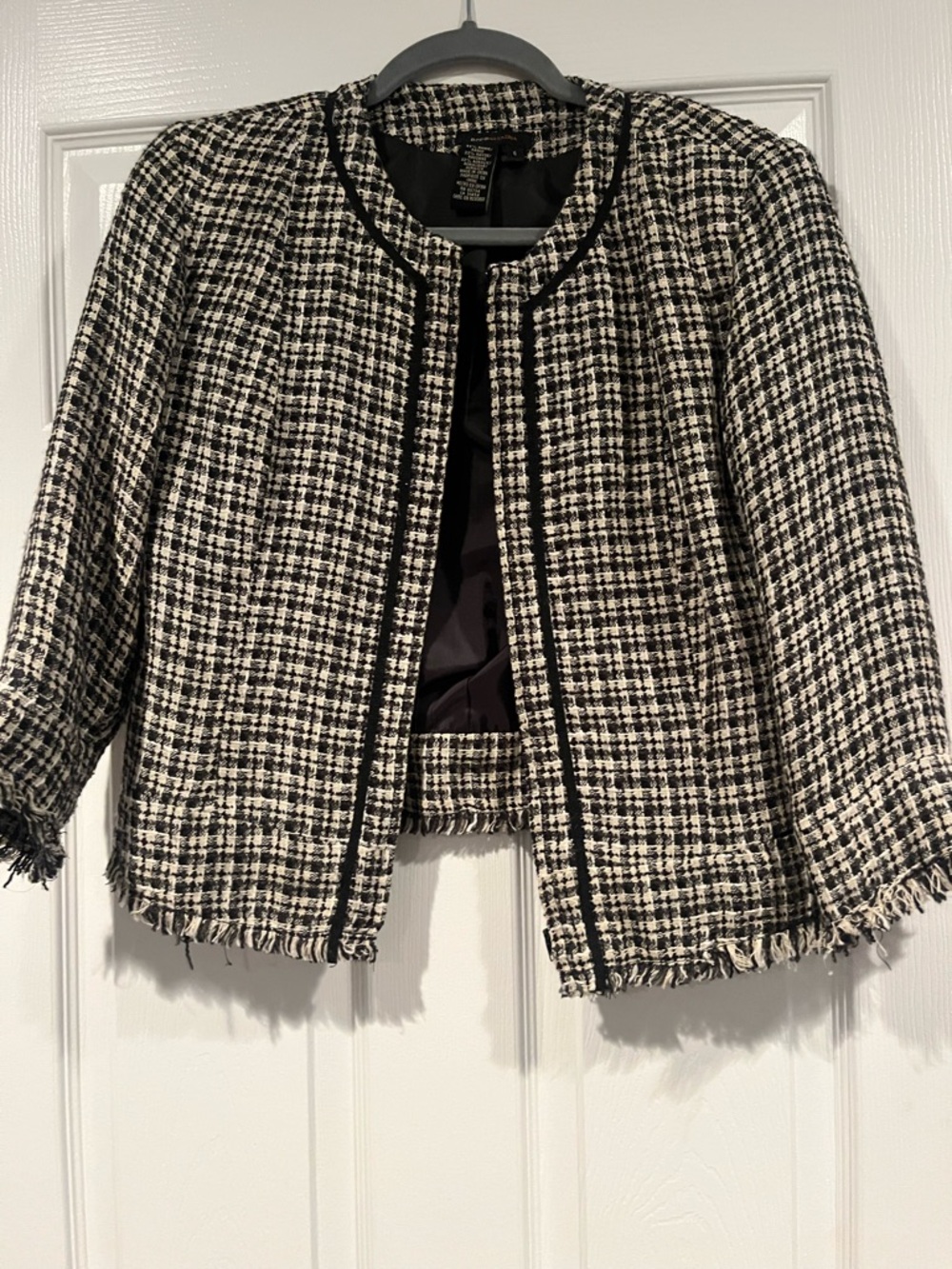 H&M Black & White Tweed Fringe-Trim Open Jacket